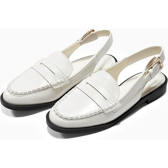 New! Size 7.5 White Almond Toe Slingback Adjustable Loafers - Picture 1 of 4